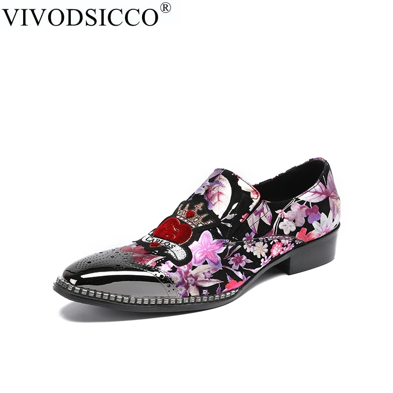 

VIVODSICCO Mens Dress Shoes Print Embroidery Pointed Toe Wedding Shoes Gents Party Leather Shoes Oxfords Flats Shoes Sapatos
