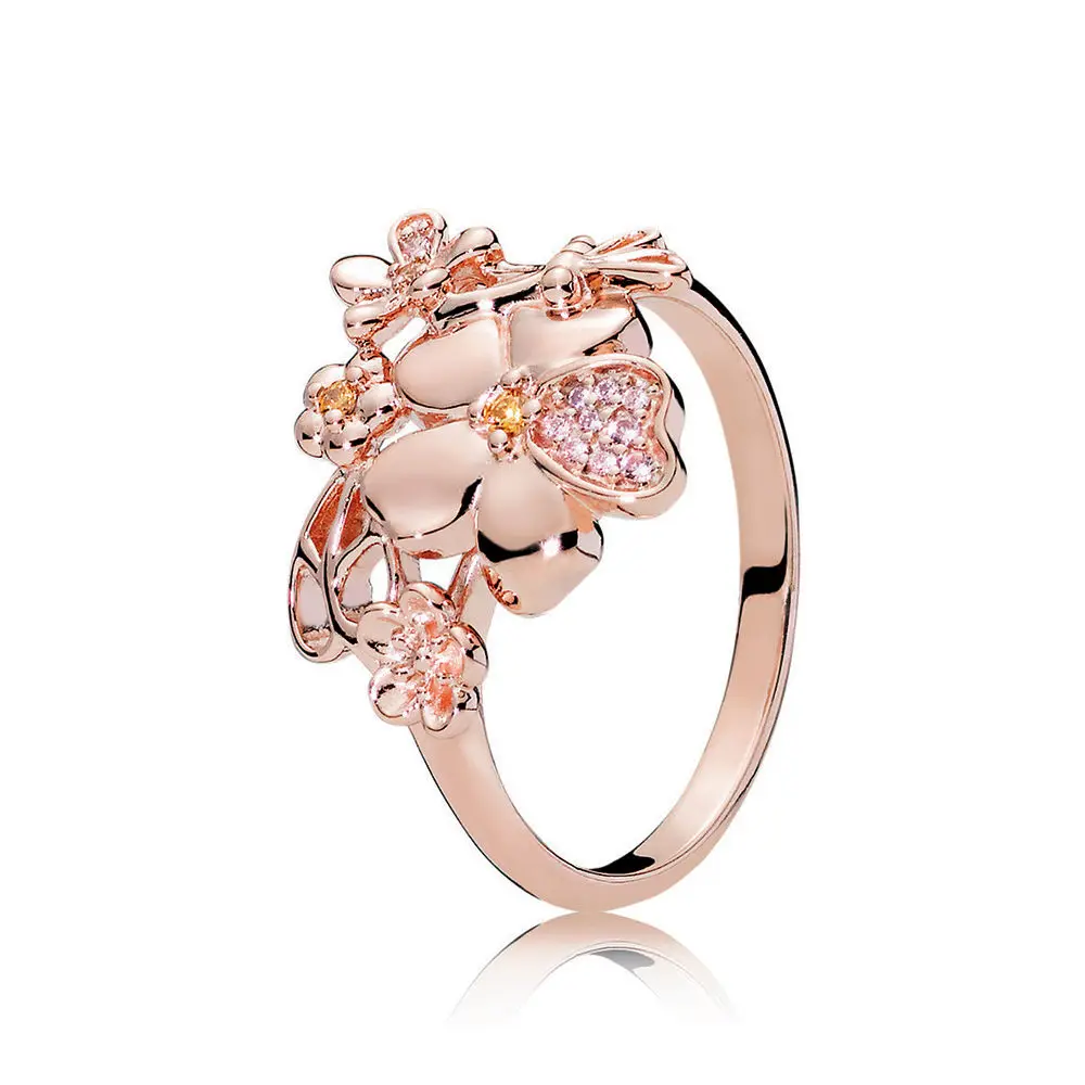 

Authentic 925 Sterling Silver Original Rose Wildflower Meadow Europe Ring With Clear CZ For Women Charm Gift DIY Jewelry