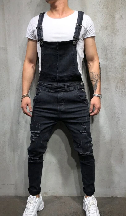 Модные мужские рваные джинсы комбинезоны Hi Street Distressed Denim bib Комбинезоны для мужчин брюки на подтяжках Размер S-XXXL - Цвет: Черный