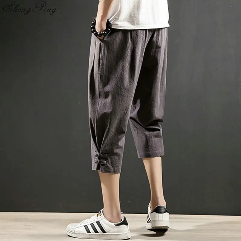 Китайский Стиль льняные брюки мужские льняные Мужские штаны s широкие укороченные одноцветная Мужская льняная кунг-фу брюки V1522