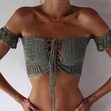 2019 Women Bikini Top Bandage Hollow-out Tassel Swimsuit With Sleeves Summer Crochet Lace Top Swimwear attractive crochet hollow out tank top for women