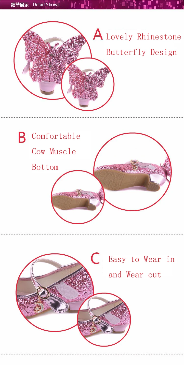 Обувь для девочек на высоком каблуке с бабочкой Сандалии Детская Стразы с блестками для принцессы, танцевальная обувь, 2 цвета