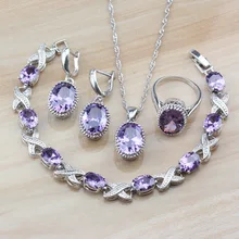 Овальные фиолетовые кубические циркония свадебные ювелирные наборы из серебра 925 пробы для женщин модный костюм серьги/ожерелье/браслет и кольцо наборы