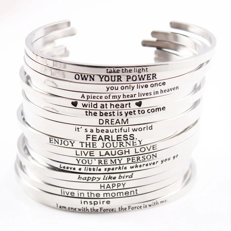 

Silver Stainless Steel Bangle Engraved Positive Inspirational Quote Cuff Mantra Bracelets For Women Female Birthday Gift