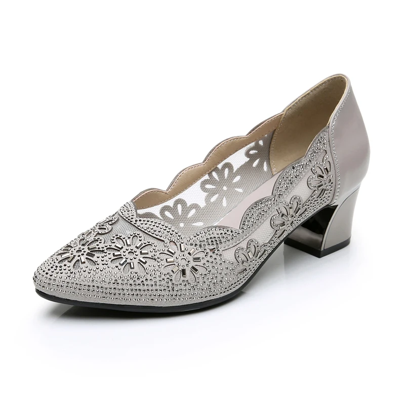 GKTINOO Summer Fashion Hollow Out Genuine Leather Pumps Women Shoes Med Heels Square Heel Mesh Ladies Office Shoes Crystal women pumps shoes