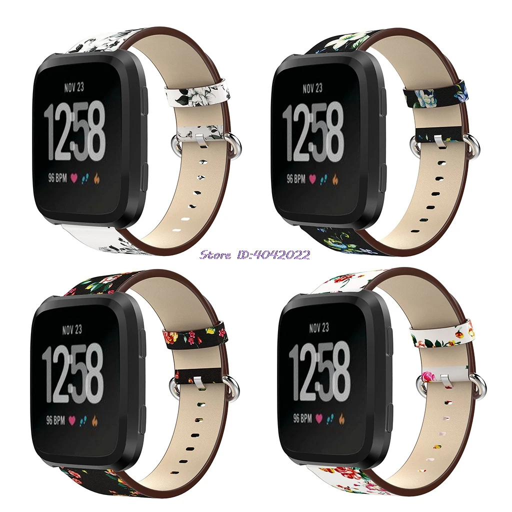 

Leather Strap Peony Print Watch Band Replacement For Fitbit Versa Smart Bracelet
