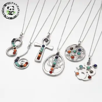 

10pcs Vintage Chakra Jewelry Brass Stone Pendant Necklaces, Mixed Style, with Cross Chains, Mixed Color, 18"