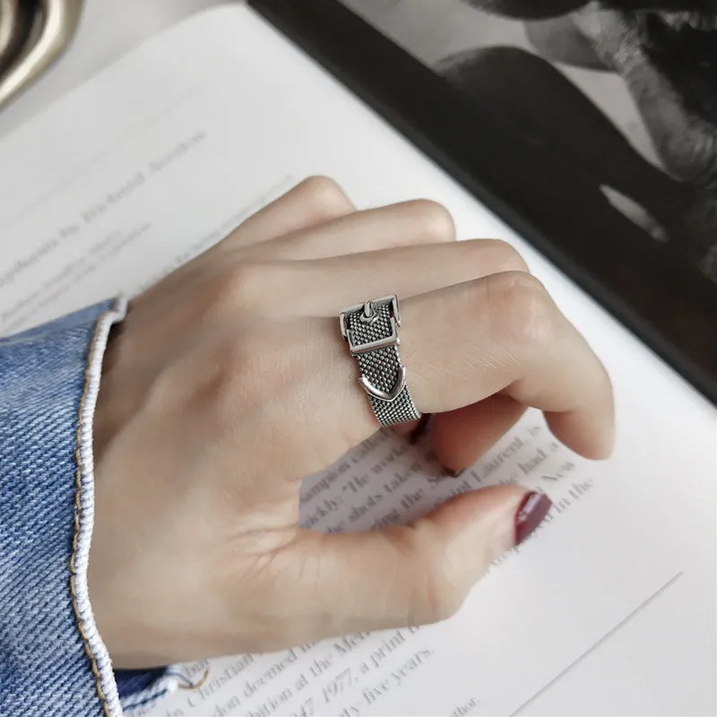 CosFecit 925 Sterling Silver Rings for Women Trendy Black Belt Silver Rings Classic Vintage Woman Opening Ring Female Jewelry  (6)