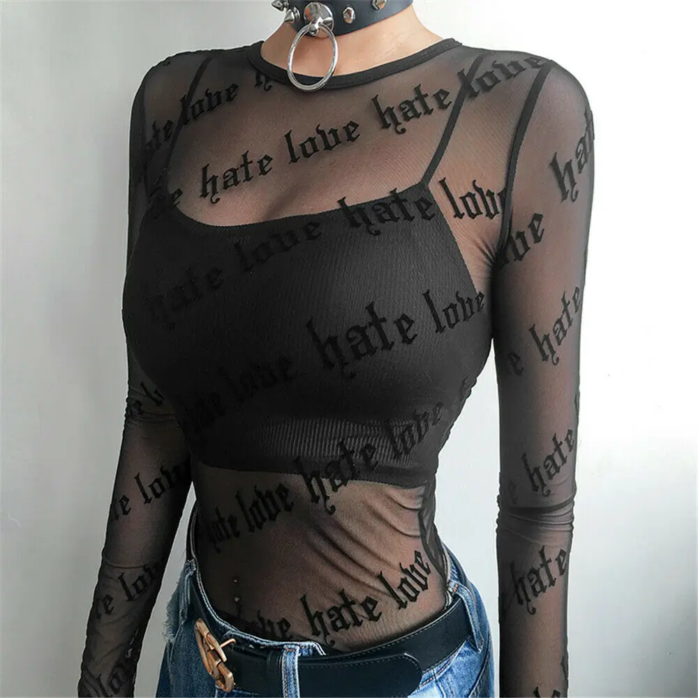 

Hirigin Women Lace Letter Printing Mesh Shirts See-Through Perspective Long Sleeve Blouses Tops