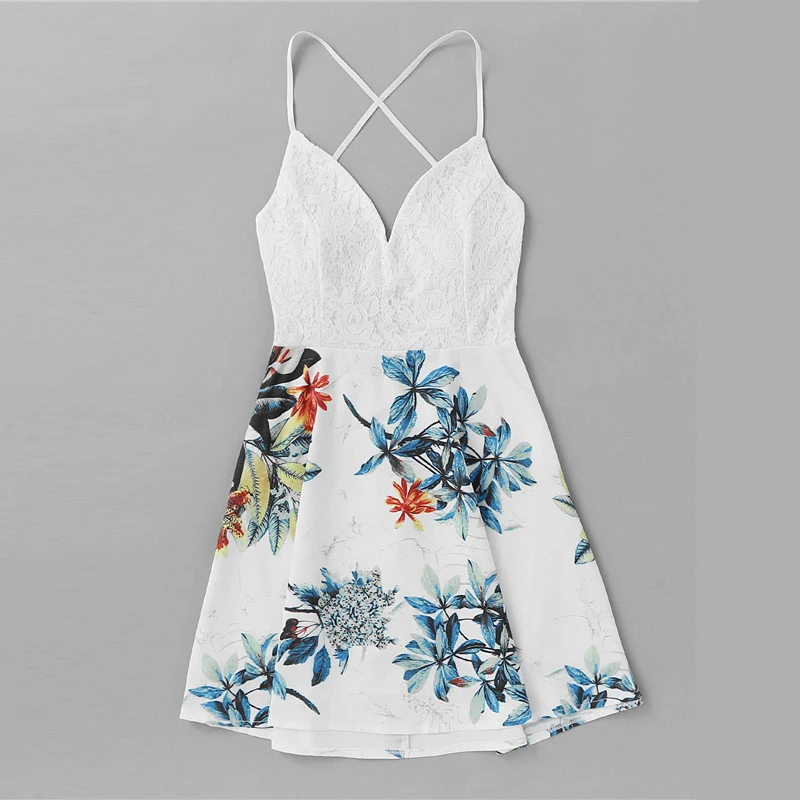 COLROVIE/Белое Платье Бохо без рукавов с v-образным вырезом и перекрещивающимся крестиком сзади, с кружевной панелью и растительным принтом, женские летние расклешенные короткие платья года