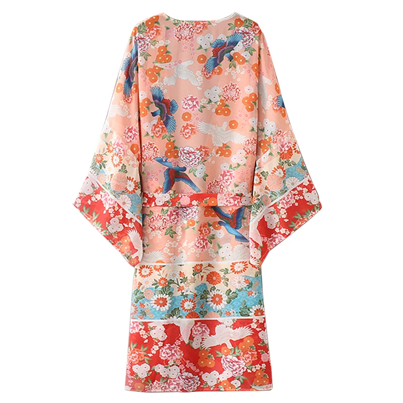2019 New Women Chiffon Kimono Cardigan Floral Printed Long Sleeve Belt Casual Loose Long Outerwear Cover Up Beachwear Plus Size