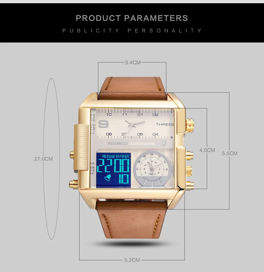 Mens Watches Top Brand Luxury BOAMIGO Wrist Watches for Men Sport Leather Band Military Chronograph Digital Watch Rectangle Case (26)