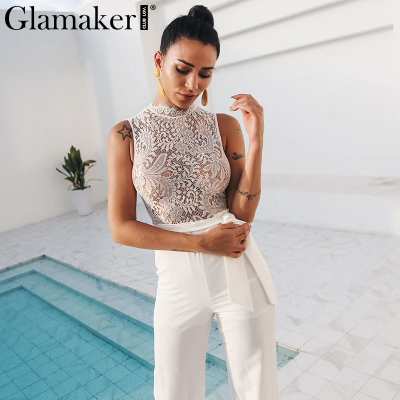 Женский прозрачный кружевной комбинезон Glamaker белый длинный без рукавов с поясом