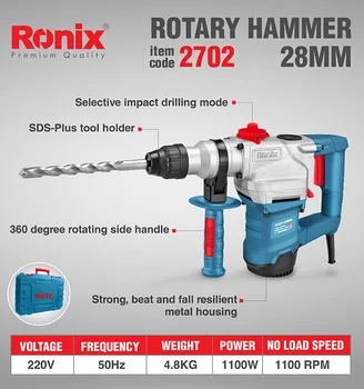 

Ronix New 220V 1100W 28mm Rotary Hammer Electric Hammer Drill With BMC Box High Quality Machine Model 2702