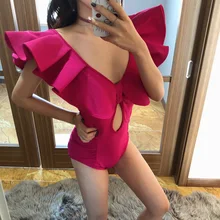 Горячее предложение, корейский стиль, сексуальный цельный купальник, TuTuPuffy воротник, женский купальный костюм, гофрированное плечо, открытая спина, бантик, боди