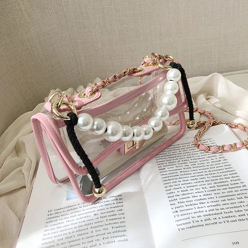 Прозрачная сумка, модная новинка, высокое качество, ПВХ, женская дизайнерская сумка, жемчужная сумка, сумка на цепочке, сумки через плечо - Color: Pink