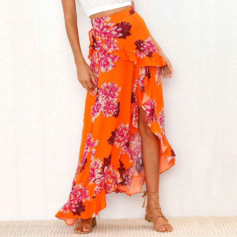 

Skirts Womens 2018 Summer Skirt Women Beach Bohemian Floral Print Ruffle Boho Maxi Skirt High Waist High Low Long Skirt Faldas