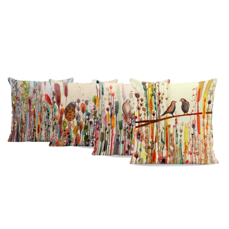 

Cartoon Birds Peach Skin Cushion Covers Orange Blue Green Purple Cover Pillow Oil Painting Home Room Sofa Seat Decor Pillowcases