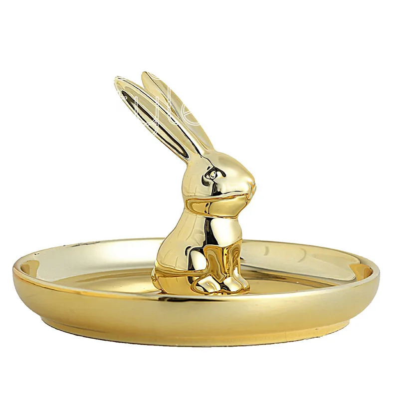 

Cocostyles lovely round gold metal dish with gold rabbit for creative home decoration