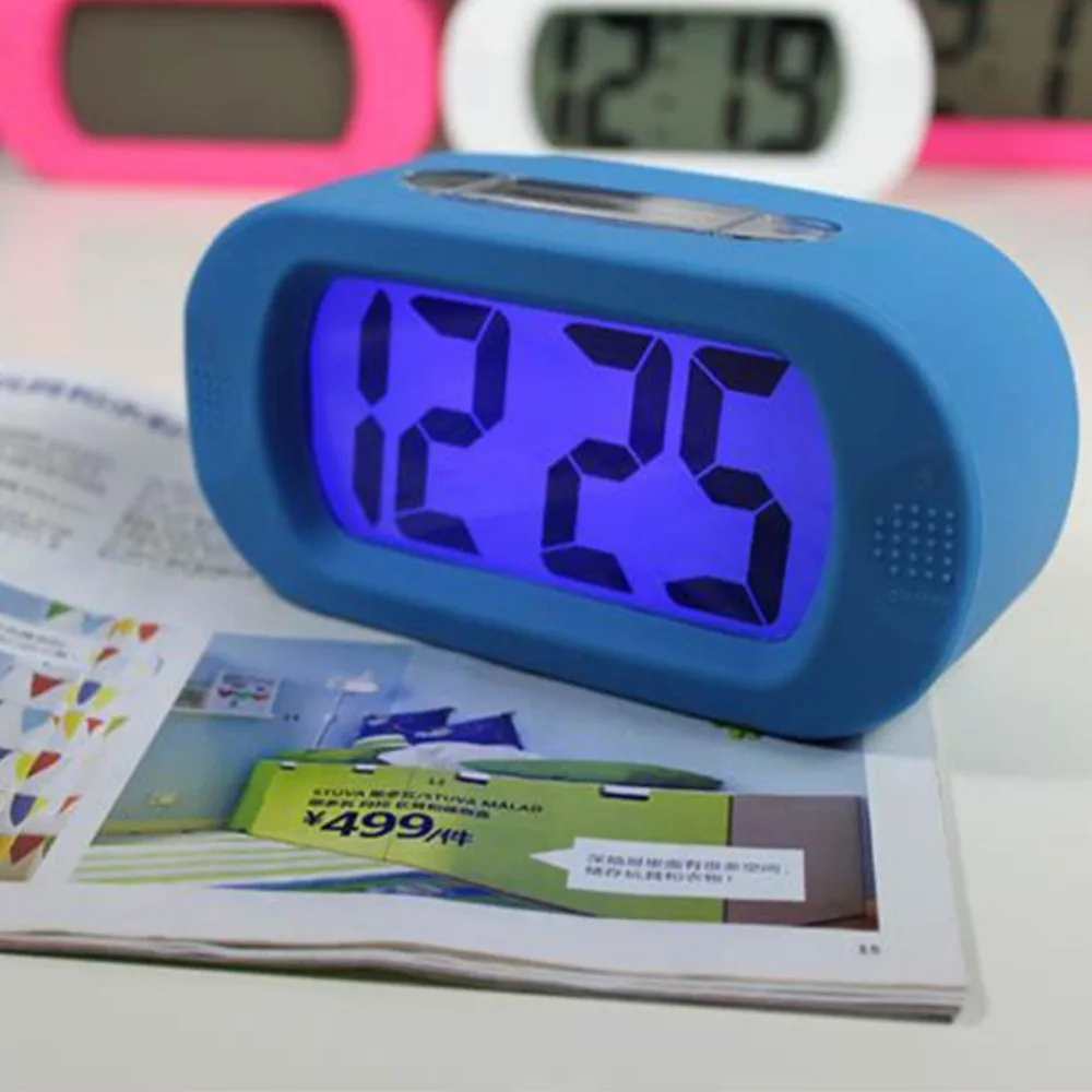Free Shipping Silicon Blue Display Screen Alarm Table Clocks Snooze