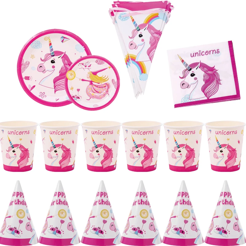 

New Unicorn Disposable Tableware Set Unicorn Theme Birthday Party Decor Paper Hat Napkins Plate Table Cloth Kids Kids Gift