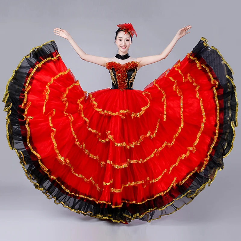 Костюмы для испанских танцев для женщин, для фламенко, большая юбка для Танцев Живота, платье для испанских танцев, одежда для фламенко, Одежда для танцев DL3481