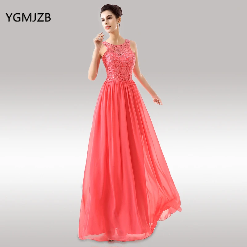 

Pink Bridesmaid Dresses A Line O Neck Floor Length Lace Chiffon Cheap Wedding Party Dresses Plus Size Long Bridesmaid Dress 2018