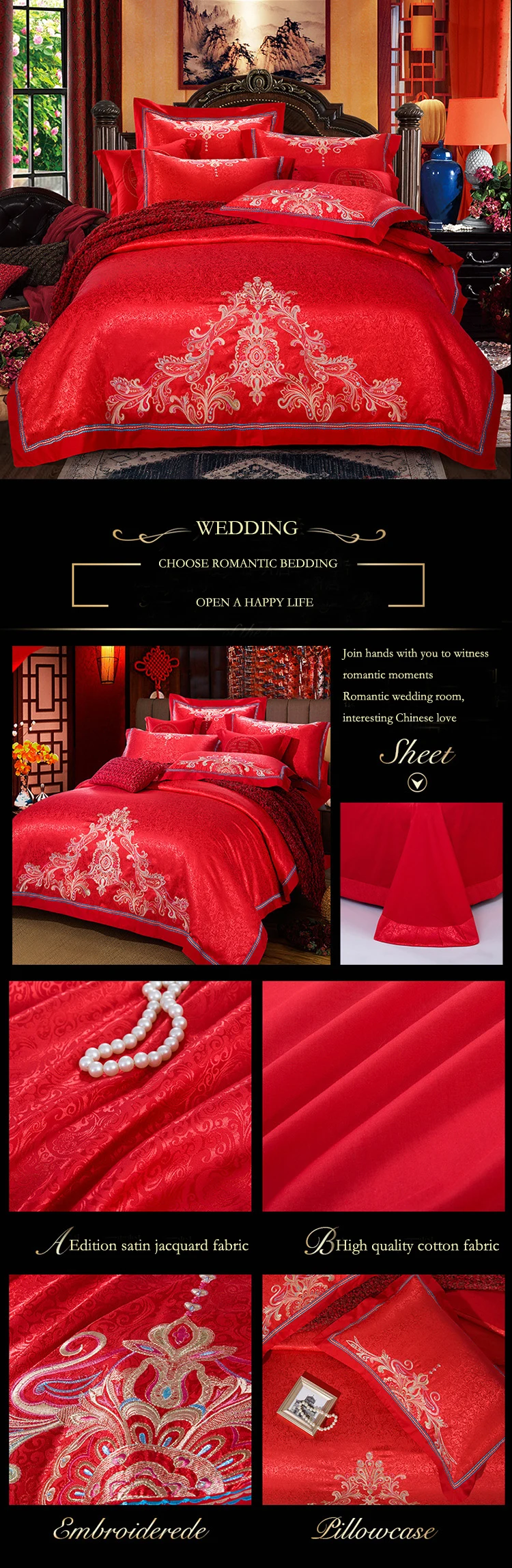 2018 luxury bedding set king size cotton romantic love wedding bed cover festive embroidery duvet cover bed sheets 4pcs red bed linen drap de lit 5