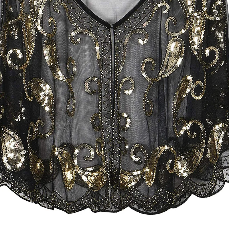 JaneVini Sparkling Sequined Black Gold Bridal Shawl Wrap Bolero V Neck Short Stoles Women Wedding Cape Cloak Wedding Accessories