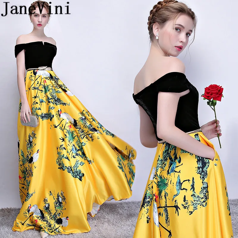 JaneVini Chinese Style Yellow Evening Dresses Long Floral Satin Formal Party Gowns Gold Sash Off Shoulder Pocket Dress Jurk Lang