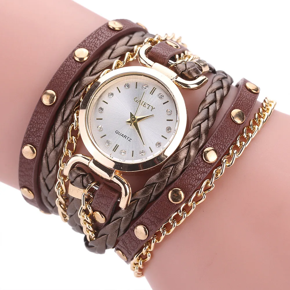 Наручные браслеты, Женские многослойные маленькие крученые кожаные кварцевые наручные часы с заклепками для женщин, ювелирный подарок, Прямая поставка