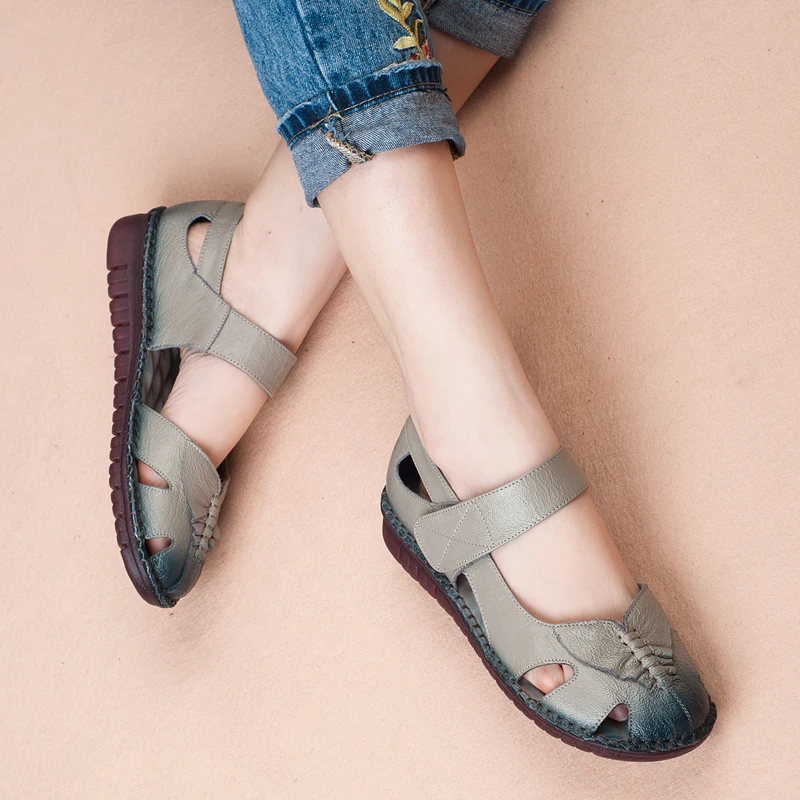 GKTINOO Women's Sandals 2019 Summer Genuine Leather Handmade Ladies Shoe Leather Sandals Women Flats Retro Style Mother Shoes