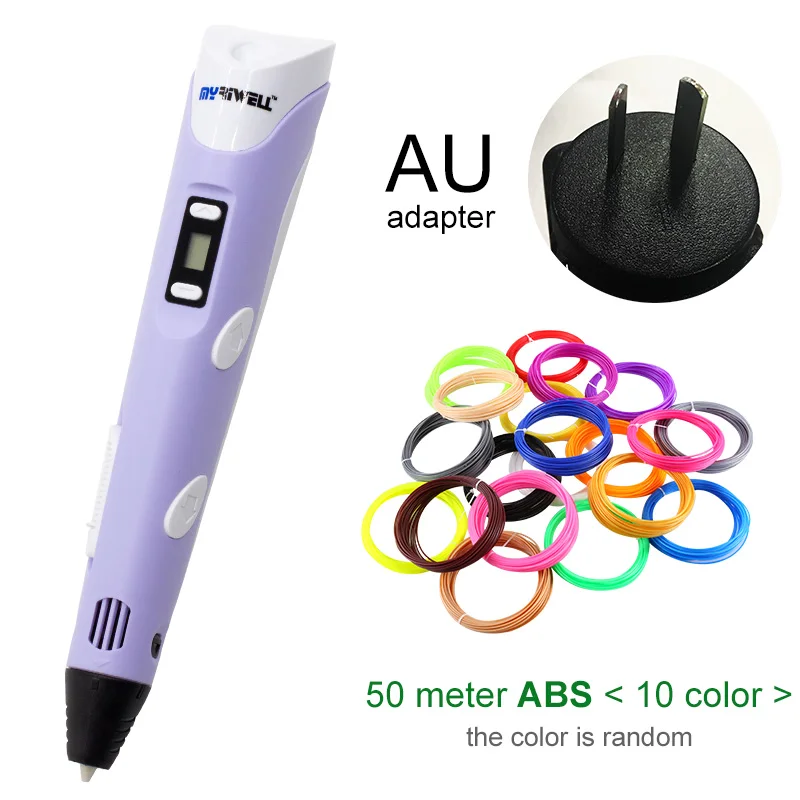 Myriwell, 3D Ручка, сделай сам, 3d принтер, ручка для рисования, 3d печать, лучшая для детей, с ABS нитью, 1,75 мм, подарок на Рождество, день рождения - Цвет: Purple AU-50m ABS