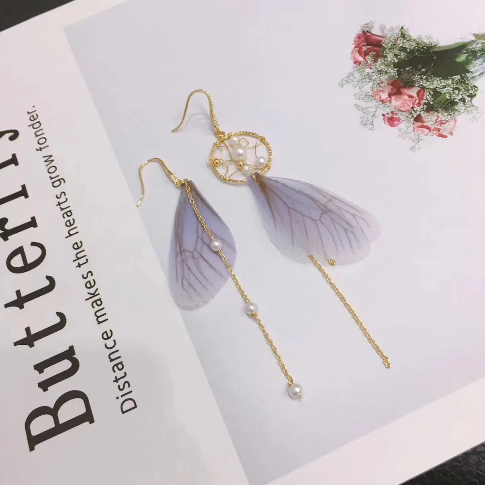 

Free Shipping Women Gold-Filled Butterfly Wings Gauze Design Hand-Woven Annular Pearl Drop Earrings for Girls Fashion Gift