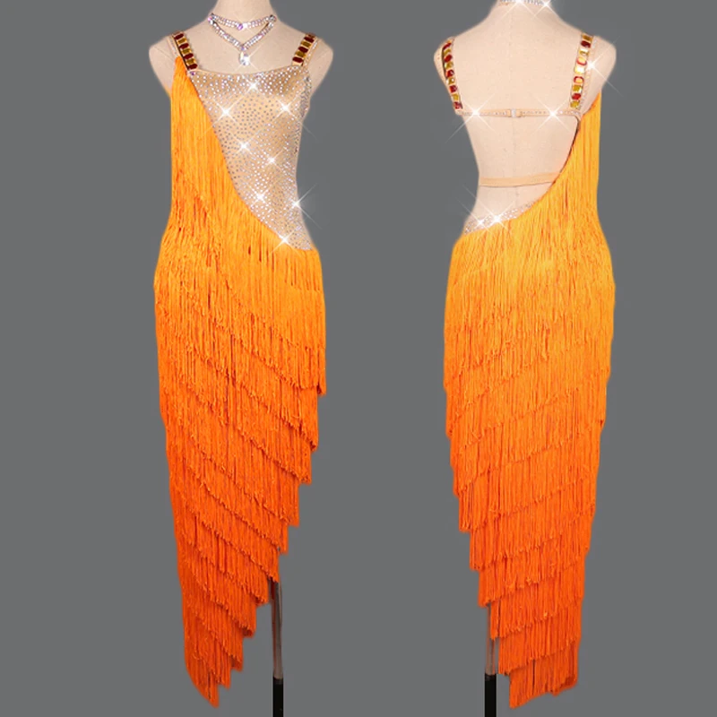 Элегантное блестящее латинское танцевальное платье для женщин постепенное оранжевое толстое платье с бахромой танцевальный сценический костюм платье для латиноамериканских танцев VDB142