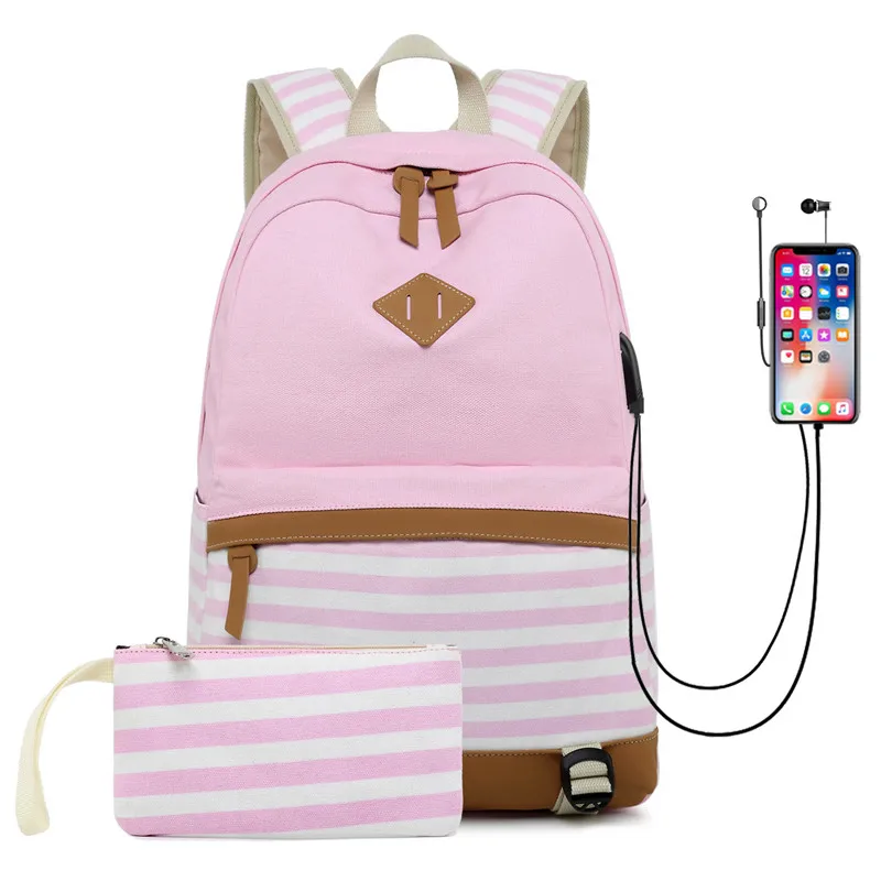 Горячая Распродажа, женский рюкзак из парусины, школьные сумки для девочек, большая емкость, USB зарядка, рюкзак для ноутбука, рюкзак для путешествий для подростков - Цвет: pink