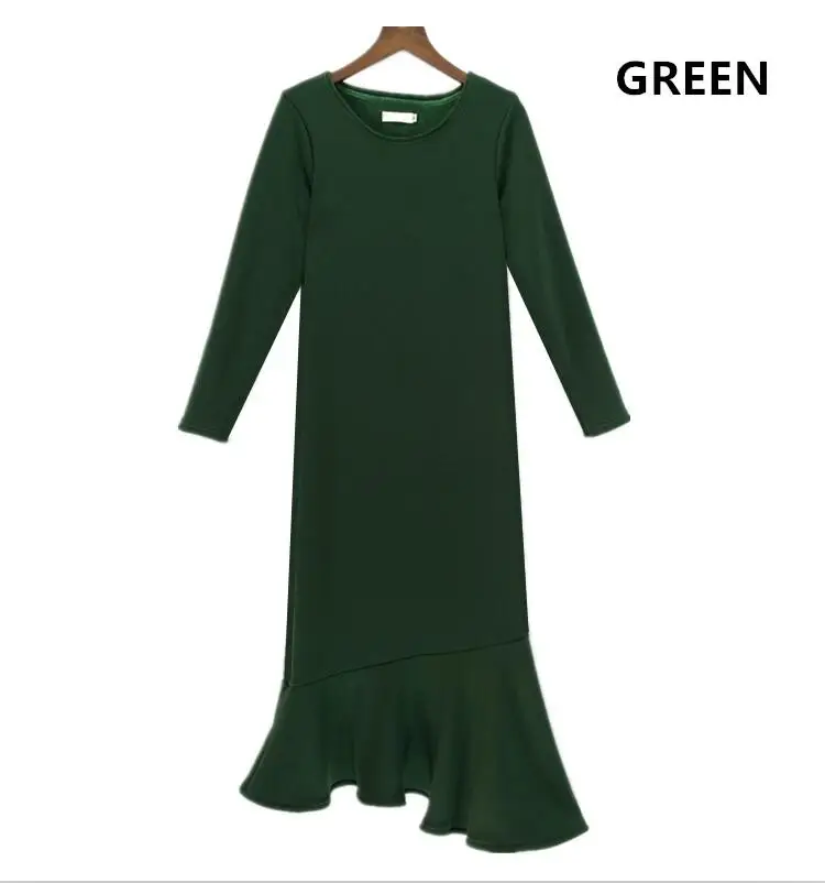 Женское зимнее платье из плотного бархата, весенне-осеннее однотонное элегантное платье с рыбий хвост, большие размеры XS-5XL 6XL - Цвет: green