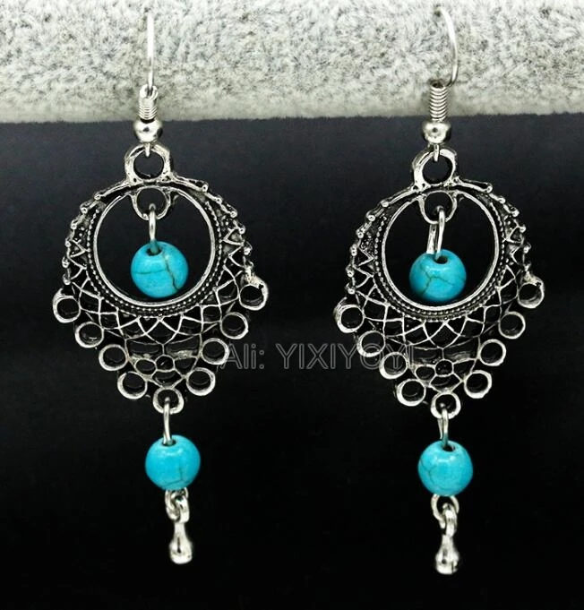 

Beautiful Bohemian Ethnic Style Blue Gem Stone Dangle Hollow Drop Earrings Fashion Woman's Pretty Earring Jewelry Girl's Gift