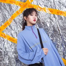 Жасмин молния воротник средней высоты с длинными рукавами фиолетовый BF улица Harajuku письмо напечатано свободно футболка