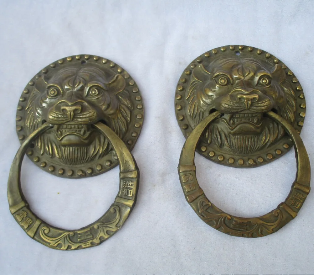 

Collectible 1 Pair of Chinese Old Bronze Carved tiger head Doorbell /Antiqu Metal Doorbell ,Big old style Doorbell