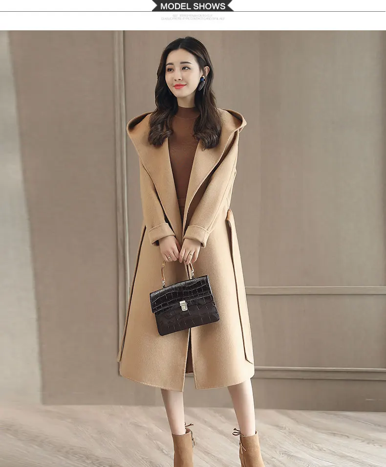 Двухстороннее кашемировое длинное зимнее шерстяное пальто с капюшоном больших размеров для женщин, новинка, Женская шерстяная куртка высокого качества, пальто casaco 575