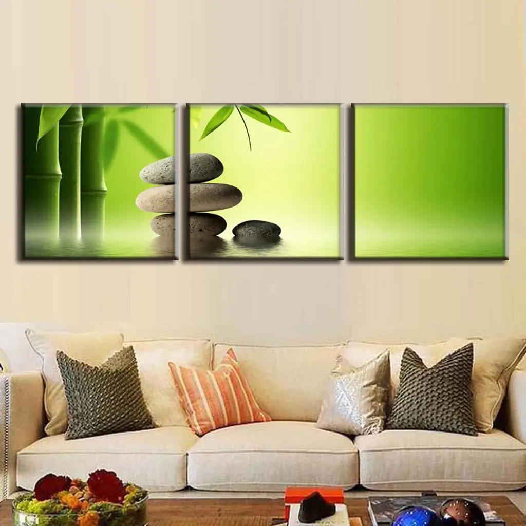 3 Pcs/Set Canvas Painting with Frame Green Bamboo And Cobblestones
