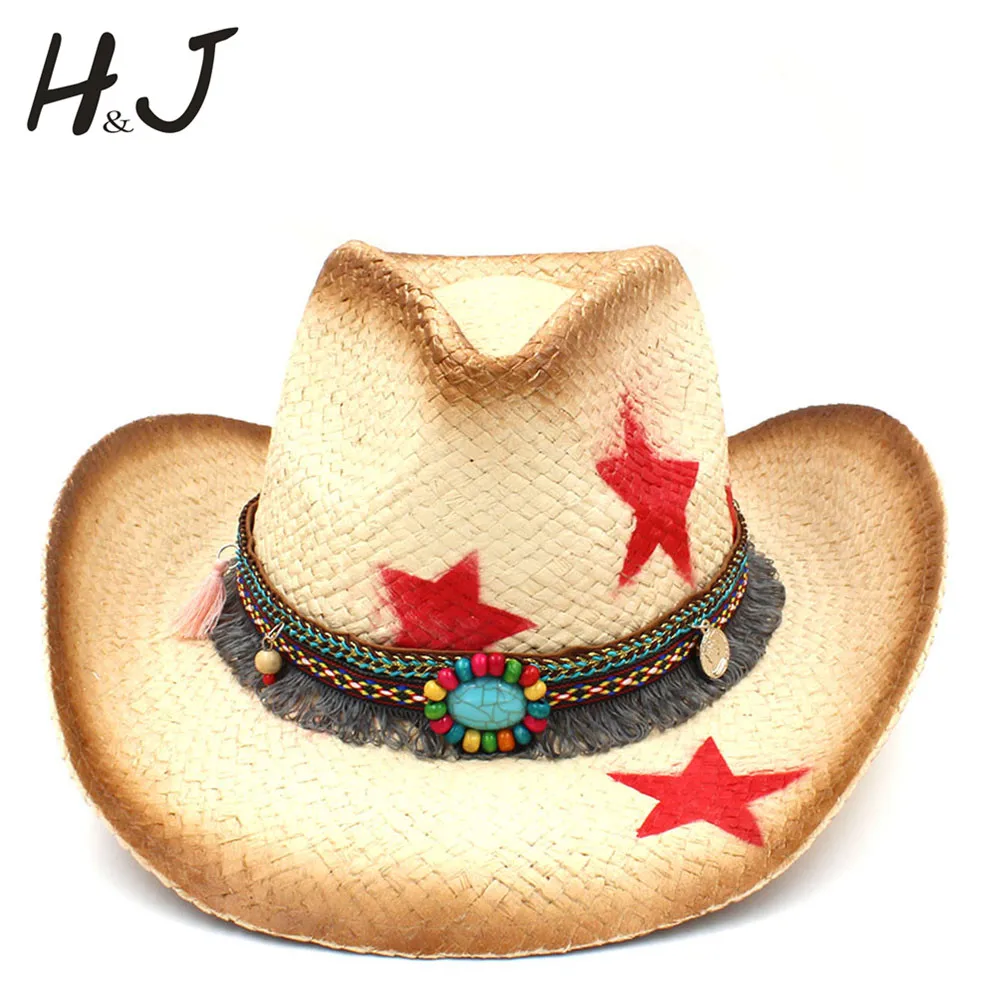 Handmade Weave Straw Women Western Cowboy Hat With Tassel Ribbon Star