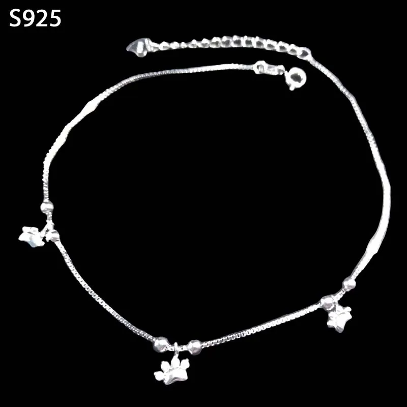 

Genuine Real Pure Solid 925 Sterling Silver Anklets for Women Fine Jewelry Paw Beads Bohemia Female Foot Anklet Band Chain Gift