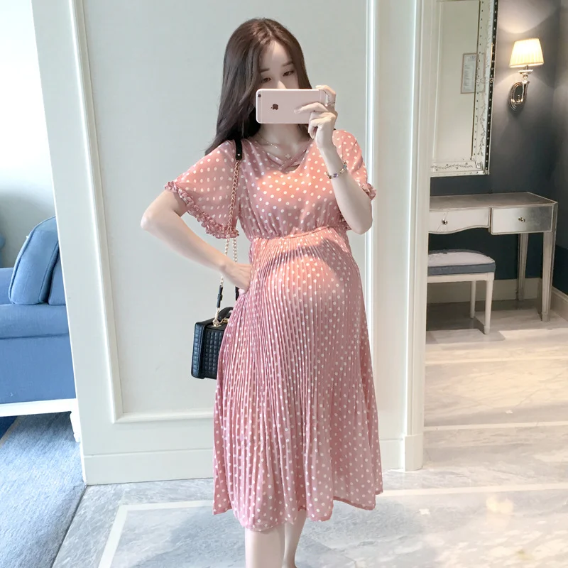 

Summer New Maternity Dress Vestido Pink Colour Wave Point Short Sleeve Pregnant Woman Dress Thin Chiffon Pregnant Maternity Gown