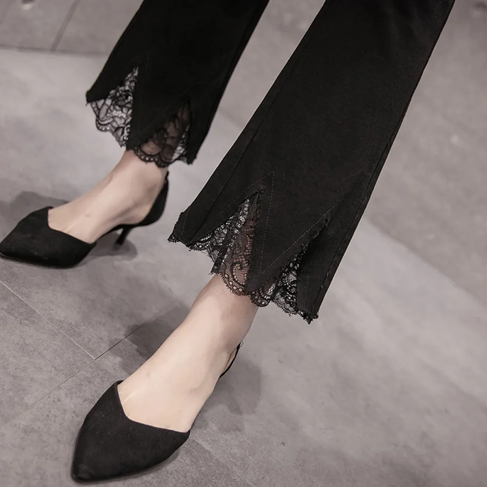 Micro bell pants female 2019 spring casual new lace stitching flare pants high waist was thin black elastic Flare pants Micro bell pants female 2019 spring casual new lace stitching flare pants high waist was thin black elastic Flare pants