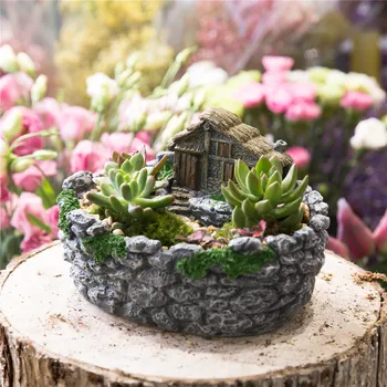

Fairy Garden Miniature Log Cottage in Rock Fence Flower Pot Cottage Sculpture Planter Grey