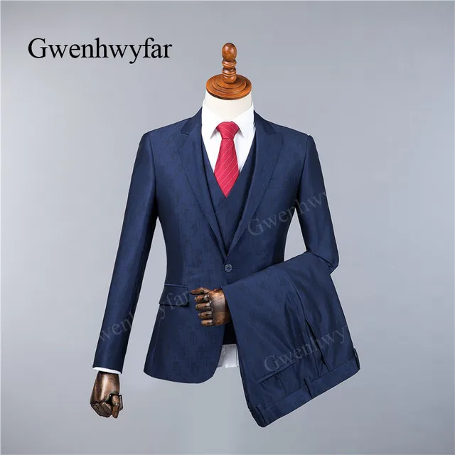 Gwenhwyfar Unique Geometric Printed Dark Blue Men Suit 3 Pieces Gwenhwyfar Unique Geometric Printed Dark Blue Men Suit 3 Pieces Tuxedo Grooms Wedding Suits For
