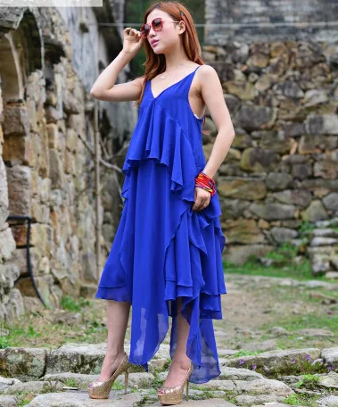 Летнее женское сексуальное асимметричное шифоновое платье с бретельками, модное длинное платье, сексуальное вечернее платье больших размеров S-4XL - Цвет: Синий