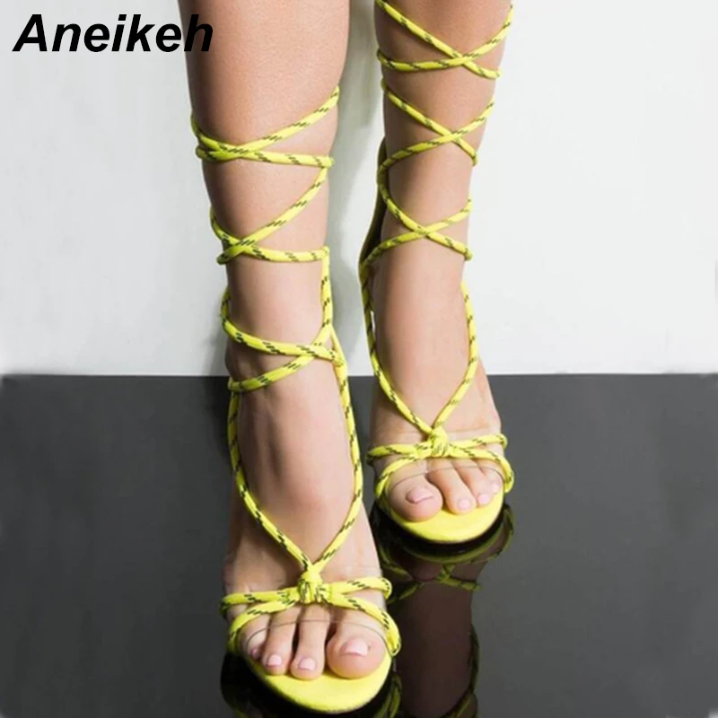 

Aneikeh 2019 Sweet PVC Sandals Women Cover Heel Round Toe Lace-Up Zipper Thin High Heels Transparent Office Yellow Party Black40